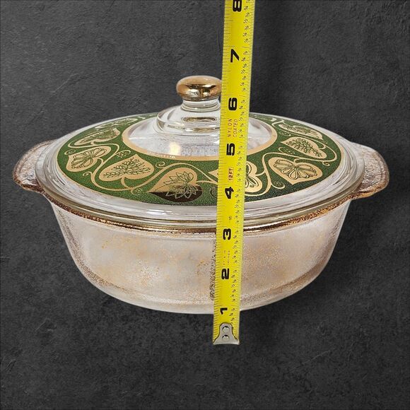 Vintage Fire-King 2 Qt Casserole w/ Culver Ltd 22K Gold & Green Lid Excellent - Picture 10 of 10